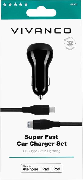 Immagine prodotto Vivanco Caricabatterie doppio da auto MFI PD3.0 da 32W con cavo da USB Type-C a Lightning da 1,20 m, nero