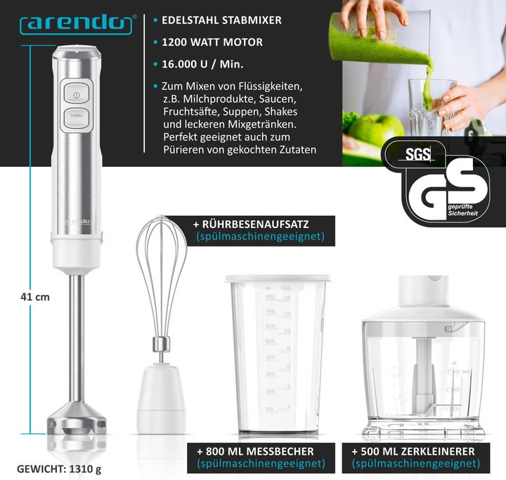 Image du produit Arendo Mixeur plongeant 1200W blanc, set de mixage en acier inoxydable comprenant un verre gradué, un