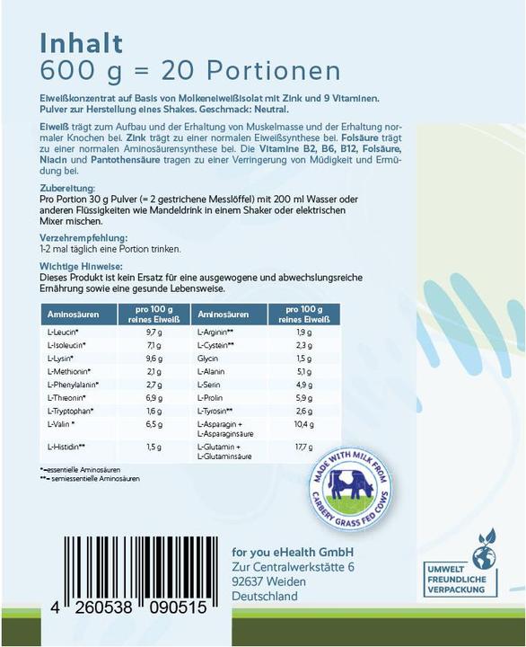 Nährwerte und Zutaten For You whey protein isolate neutral – aus irischer Weidehaltung, laktosefrei (Neutral)