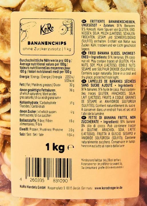 Valori nutrizionali e ingredienti KoRo Patatine fritte alla banana (1000 g)