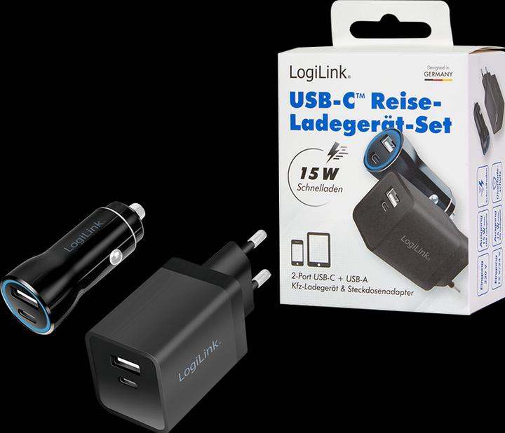 Produktbild LogiLink USB-Ladeadapter-Set, Auto & AC, USB-C/F + USB-A/F, 5 V/15 W, schwarz