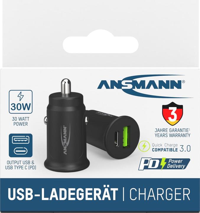 Actual product image Ansmann Charger InCar Charger 12-24V DC/3000mA/30W/KFZ/USB/USBC/5V
