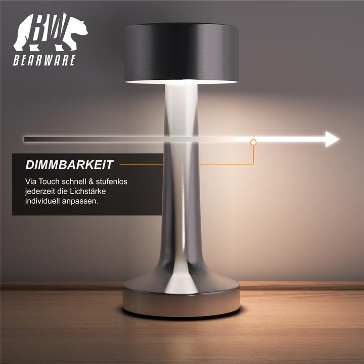 Produktbild Bearware LED Tischleuchte, dimmbar, kabellos, Akku, Touch, Nachttischlampe, Schreibtischlampe, Edelstahl