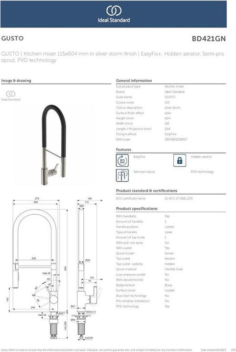 Produktbild Ideal Standard Gusto Ausladung 225mm Semi-Pro 2F-Brause H:604mm