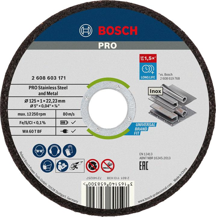Bosch Professional Zubehör Disco da taglio PRO per acciaio inox e metallo, 125 x 1 x 22,23 mm