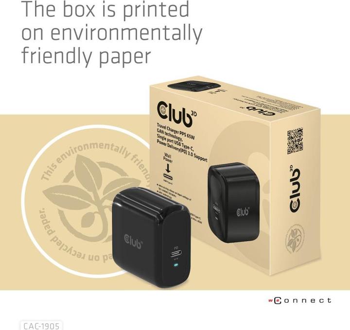 Immagine prodotto Club 3D Caricabatterie da viaggio 65W tecnologia GAN (65 W)