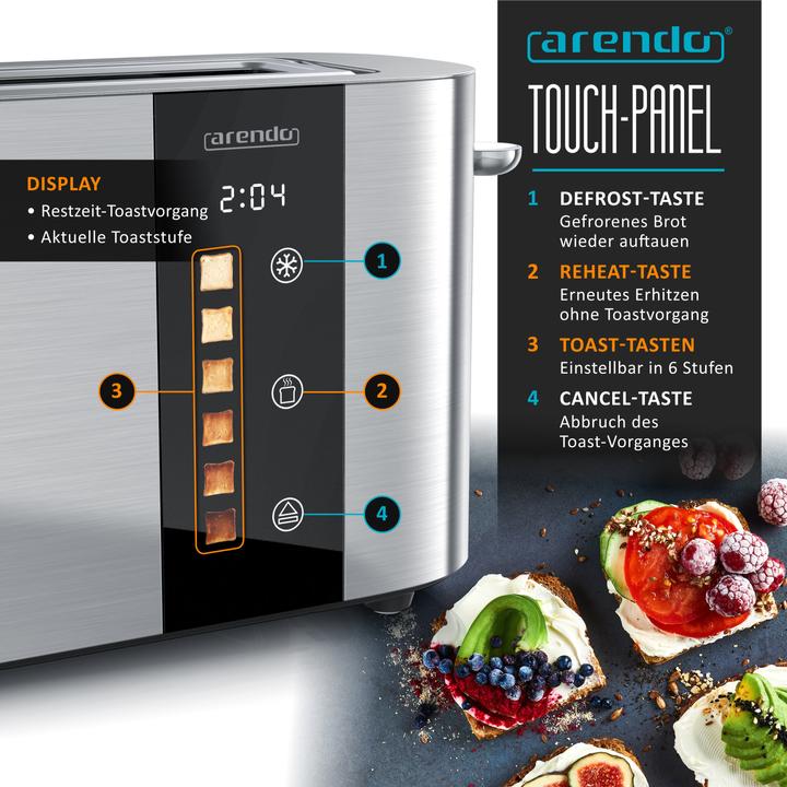 Produktbild Arendo Toaster Edelstahl 2 Scheiben Langschlitz, Touch Display, Restzeit & Bräunungsgradanzeige, 1000 W