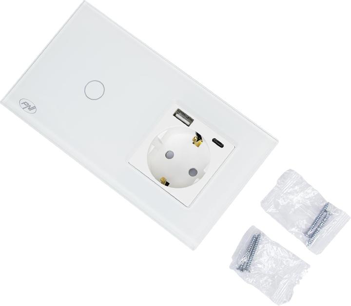 Produktbild PNI SH115W einfacher Glasschalter mit Touch, kombiniert mit Schuko-Steckdose und USB-Steckern