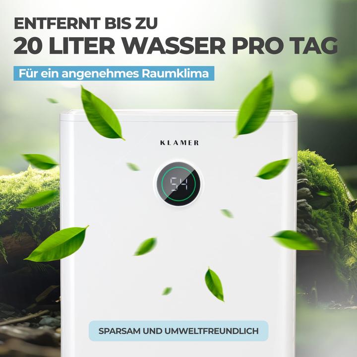 Produktbild KLAMER Luftentfeuchter elektrisch 20L, 180m³ Luftumwälzung pro Stunde, 440W starker Raumentfeuc… (30 m², 20 l/24h)