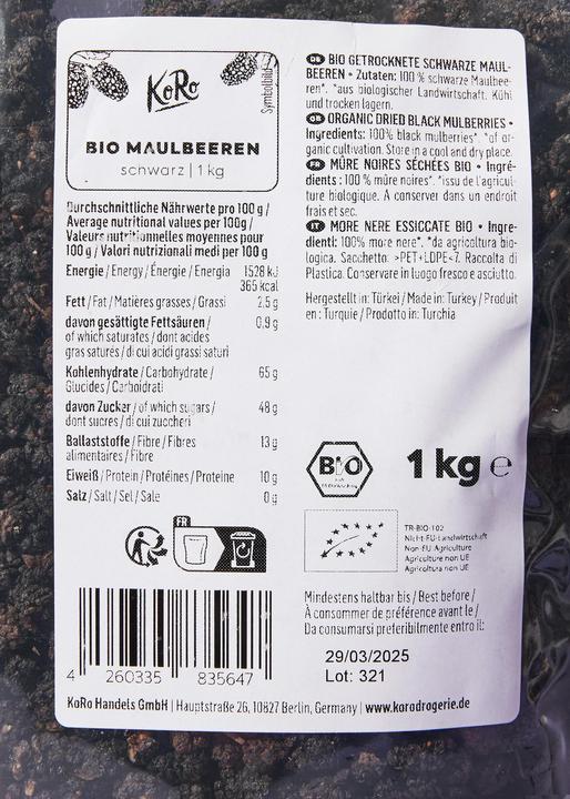 Nutritional values and ingredients KoRo Organic dried black mulberries (1000 g)