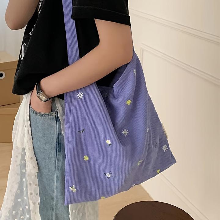 Only-Bags.Store Sacs à bandoulière en velours côtelé, fourre-tout décontracté avec des marguerites, accessoire de