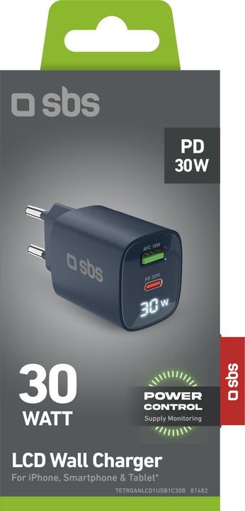 Image du produit SBS Chargeur mural avec écran LCD, 1 sortie USB-C PD 30W, 1 sortie USB-A 18W (30 W)