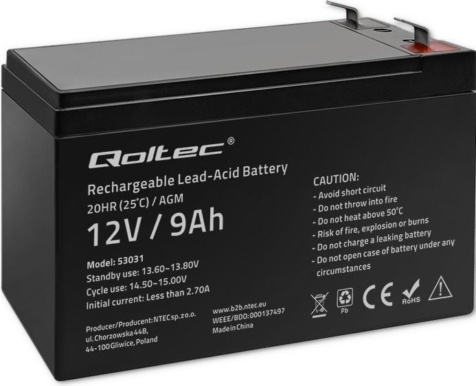 Image du produit Qoltec 53031 AGM battery| 12V| 9Ah| max 135A - Batterie - 9.000 mAh (12 V, 9 Ah)