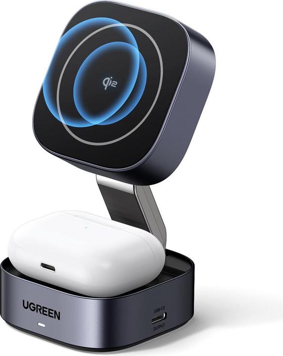 Actual product image Ugreen W702 3in1 inductive charger with MagSafe / Qi2 and USB-C port for phone / headphones - black (15 W)