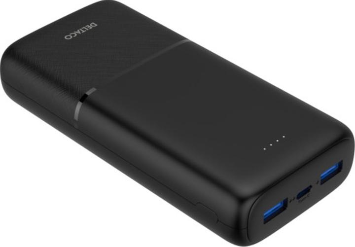 Productafbeelding Deltaco Powerbank met snelladen, 3 poorten, 2x USB-A 18W, 1x USB-C PD 20W, 20.000 mAh zwart (20000 mAh, 20 W)
