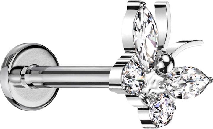 Star Piercing Micro Labret Innengewinde silber Schmetterling silber Kristalle silber (Titan G23, ohne Messing)