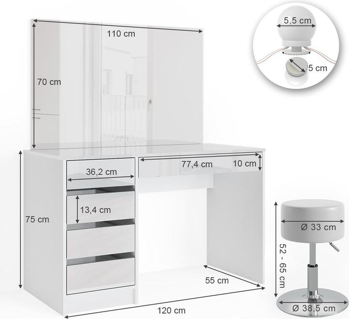 Produktbild Vicco Sherry mit Hocker und Beleuchtung (120 x 55 x 75 cm)