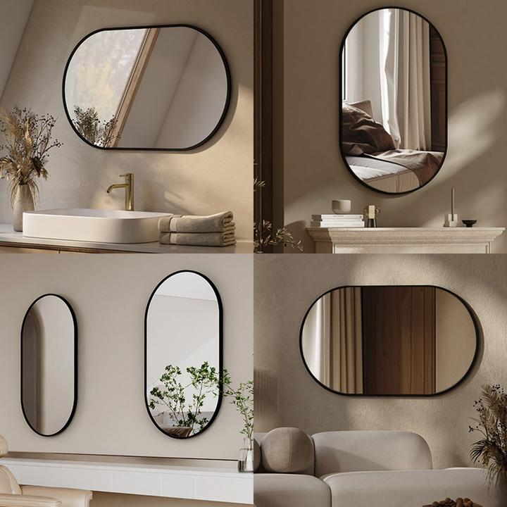 Produktbild Emke Badspiegel Oval 50*70cm, HD Wandspiegel für Badezimmer/Flur, Vertikal/Horizontal,Schwarzer Rahmen