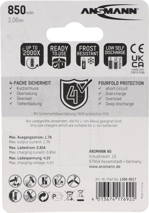Actual product image Ansmann Battery 16340 850mAh 1 pc. (1 pcs., C, 850 mAh)