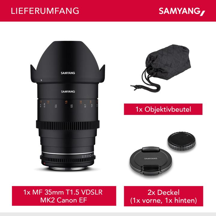 Produktbild Samyang VDSLR 35 mm T1.5 MK2 Canon EF (Canon EF, Vollformat, Micro Four Thirds, APS-C / DX)