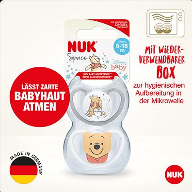 Produktbild NUK Disney Winnie Puuh Space Silikon-Schnuller, kiefergerechte Form, 0-6 Monate, 2 Stück, grau & wei (2 x, ab Geburt)