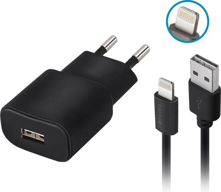 Image du produit Forever Chargeur TC-01 1x USB 2A noir + câble Lightning
