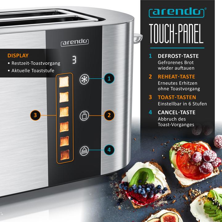 Immagine prodotto Arendo Toaster Edelstahl 4 Scheiben Langschlitz, Touch Display, Restzeit & Bräunungsgradanzeige, 1500 W (Spina UE)
