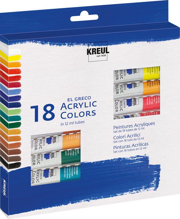 Produktbild Kreul EL GRECO - 18er-Acrylfarbenset (Echtgelb Zitron, Titanweiss, Lichtgrün, Laubgrün, Krapprot, Lichter Ocker, Karminrot, Umbra gebrannt, Ultramarinblau, Schwarz, Chromoxidgrün, Lichtblau, Kobaltblau dunkel, 216 ml)