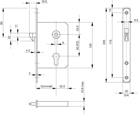 Productafbeelding BKS Insteekslot voor schuifdeuren 0375 PZ 20/55/60/8 mm zilver gekroond Voorste lengte 205 mm (Insteekslot)