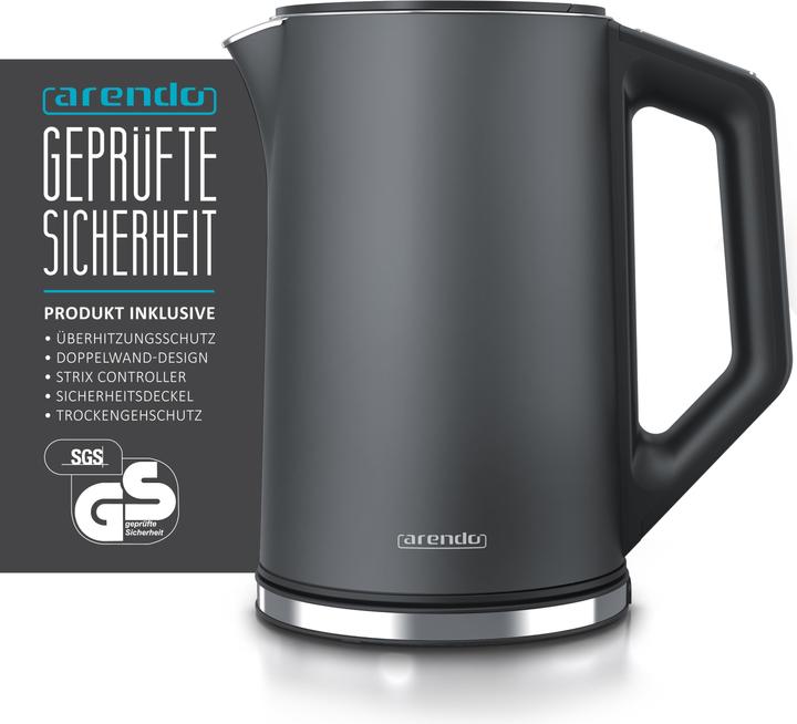 Produktbild Arendo Edelstahl Wasserkocher 1,5 l 2200 W, Doppelwand, Temperaturwahl 40 - 100°C mit Anzeige, Cool Grey (1.50 l)