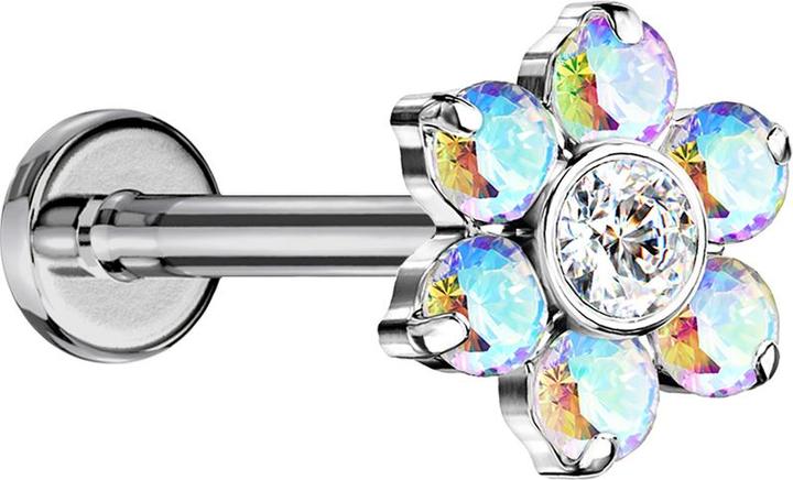 Immagine prodotto Star Piercing Labret Micro Threadless argento fiori cristalli multicolore (Titanio G23, senza ottone)