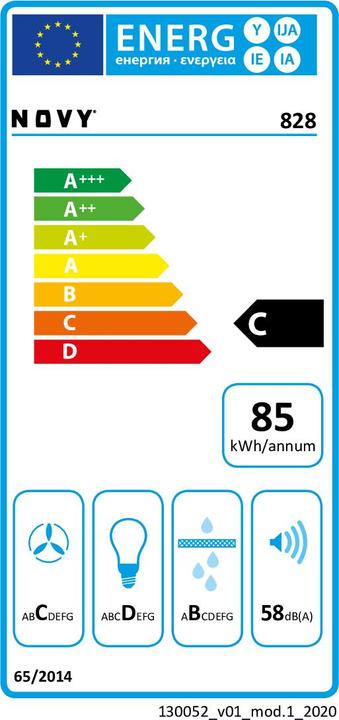 Label énergétique NOVY Hood Essence 828 Canopy, efficacité énergétique classe B, plotis 60 cm, 398 m³/h, contrôle mécanique (Hotte à tiroir)