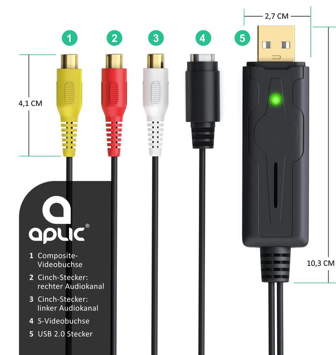Actual product image Aplic USB audio video grabber, video audio converter, video adapter for post-production, VHS, for Windows (USB 2.0, analog TV signal)