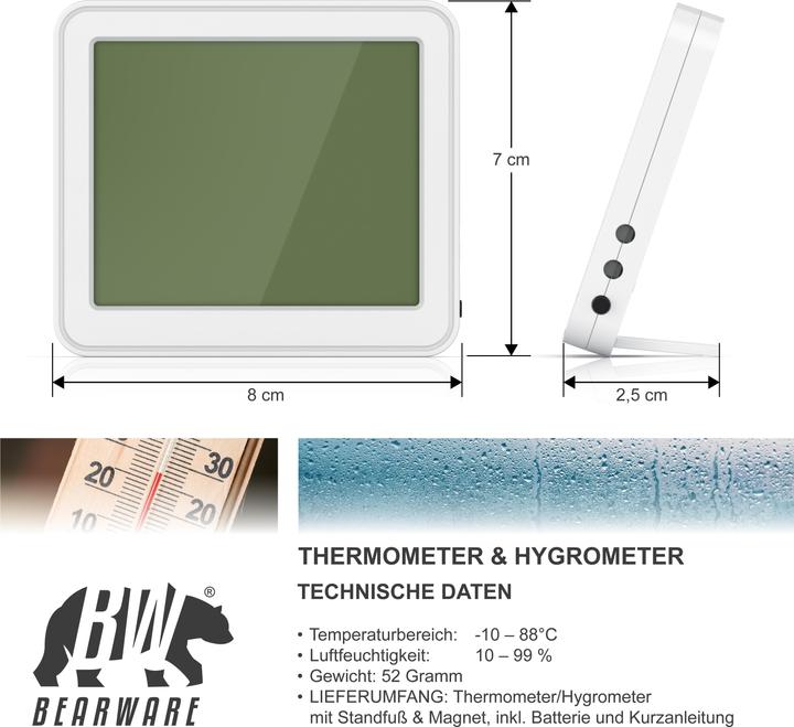 Produktbild Bearware Thermometer & Hygrometer, Temperatur, Luftfeuchtigkeit & Uhrzeit, Innenwetterstation, Magnethalter