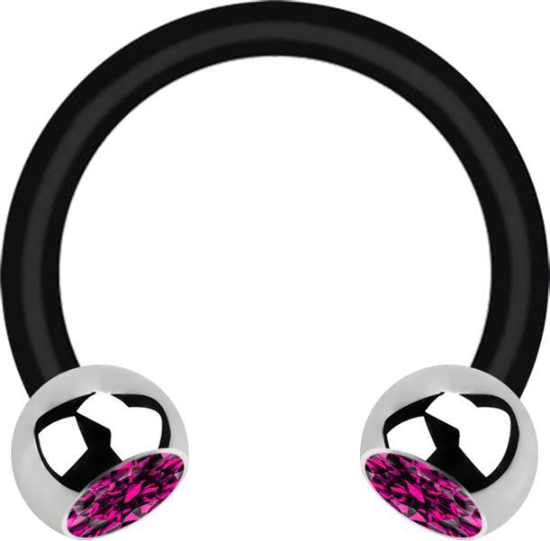 Produktbild Star Piercing Micro Circular Barbell schwarz mit zwei Kugeln silber Kristall fuchsia (Chirurgenstahl 316L, Bioflex, ohne Messing)