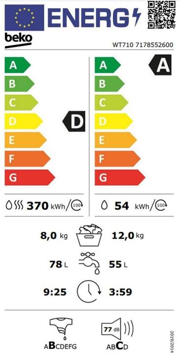 Label énergétique Beko Waschtrockner WT710, W12kg/T8kg, SteamCure, 1'400U/min