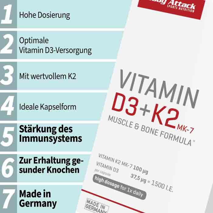 Valeurs nutritives et ingrédients Body Attack Vitamin D3 + K2 (30 pièce(s), Capsules, 16.30 g)