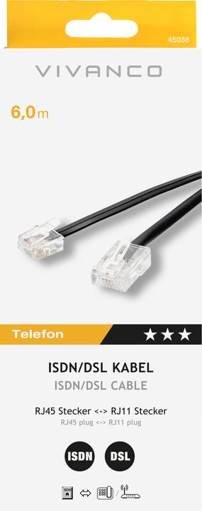 Produktbild Vivanco ISDN/DSL-Kabel, 8P4C, RJ45 St.-RJ11 St., 6 m