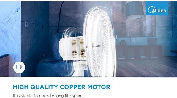 Actual product image Midea Table fan,,, 3 speeds, mechanical, noise level:, Oscillation 80°, Tilting +24° -12° (60 dB)