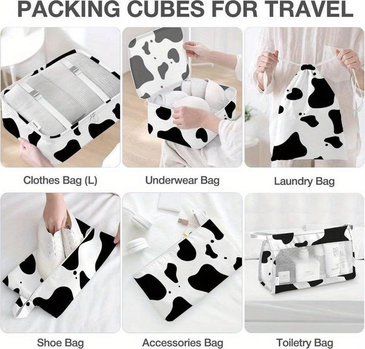 Image du produit Only-Bags.Store 8pcs, Impression vache et Impression léopard Cubes d'emballage Bagages Organisateur d'emballage
