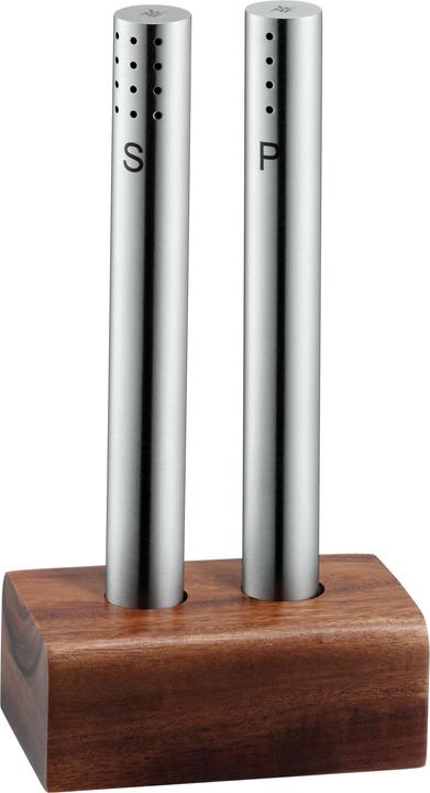 Actual product image WMF Salt shaker and pepper shaker set 3-piece Cromargan stainless steel matt finish with wooden stand (Salt, Pepper)