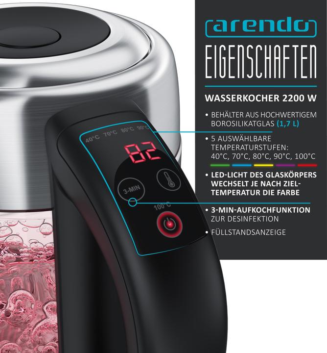Produktbild Arendo Wasserkocher 1,7 l, 2200 W, Edelstahl mit Glaskörper, Temperaturwahl 40°C - 100°C, Aufkochfunktion (1.70 l)