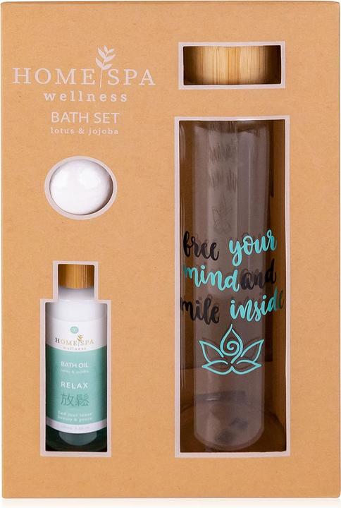 Accentra Badeset HOME SPA in Geschenkbox, inkl. 100ml Badeöl, 50g Badefizzer, Wasserflasche aus Glas (550ml) (Haarpflege set)