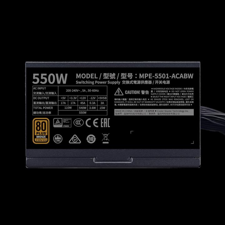 Immagine prodotto Cooler Master MWE 550 Bronze 230V V2 - 550 W - 200 - 240 V - 50/60 Hz - 5 A - Attivo - 110 W (550 W)