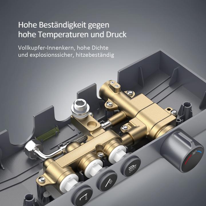 Produktbild Emke Duschsystem mit Thermostat, Handbrause + Regendusche(3 Strahlstärken) + Unterer Auslass