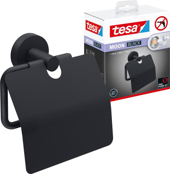 tesa MOON BLACK Toilettenpapierhalter mit Deckel inkl. Klebelösung ohne Bohren