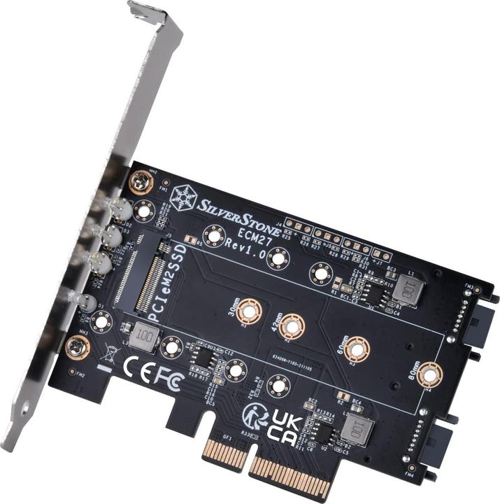 Produktbild Silverstone SST-ECM27 M.2/SATA Adapterkarte, PCIe 4.0, 1x M-Key, 2x SATA 6G - Low Profile
