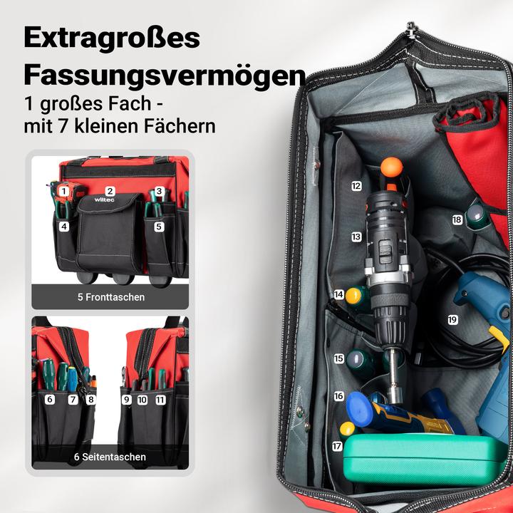 Produktbild Wiltec Werkzeugtrolley 46x25x43cm Werkzeugkoffer 19 Fächer Werkzeug Trolley