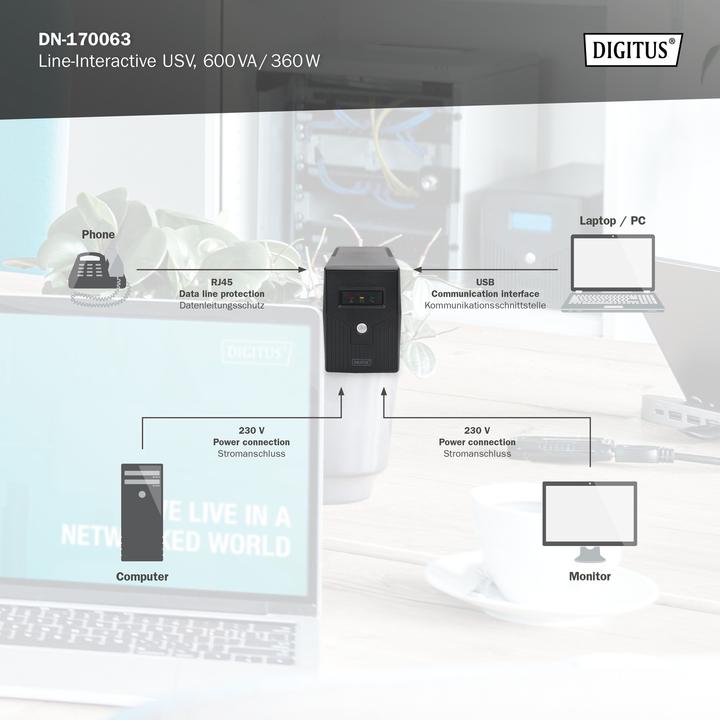 Actual product image Digitus Line Interactive USV 600VA/360W black 2xSchuko 2xRJ11 AVR H279xB101xD142 mm (600 VA, 360 W, Line-interactive UPS)