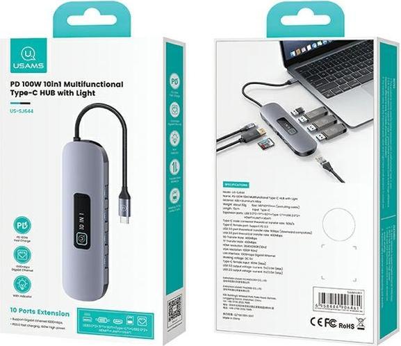 Produktbild Usams US-SJ644 PD100W 10in1 Multifunctional Type-C HUB with Light(Type-C To HDMI+USB3.0*2+USB2.0*2+VGA+TF (USB-C, 10 Ports)